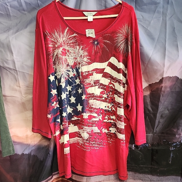 Red Long Sleeve Tee with Fireworks and Flag Design - Picture 1 of 4